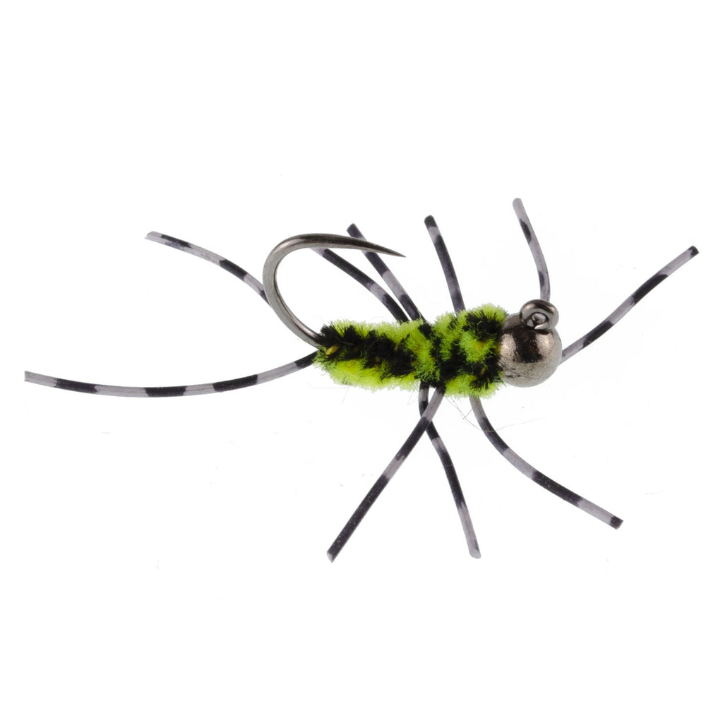 Barbless Pat's Barred Rubber Legs Tungsten Bead Jigged Black/Chartreuse Euro Nymph  - Set of 12 Flies Hook Size 6