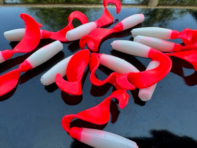 4" "White w/ Flame Red Tail" Curly Tail