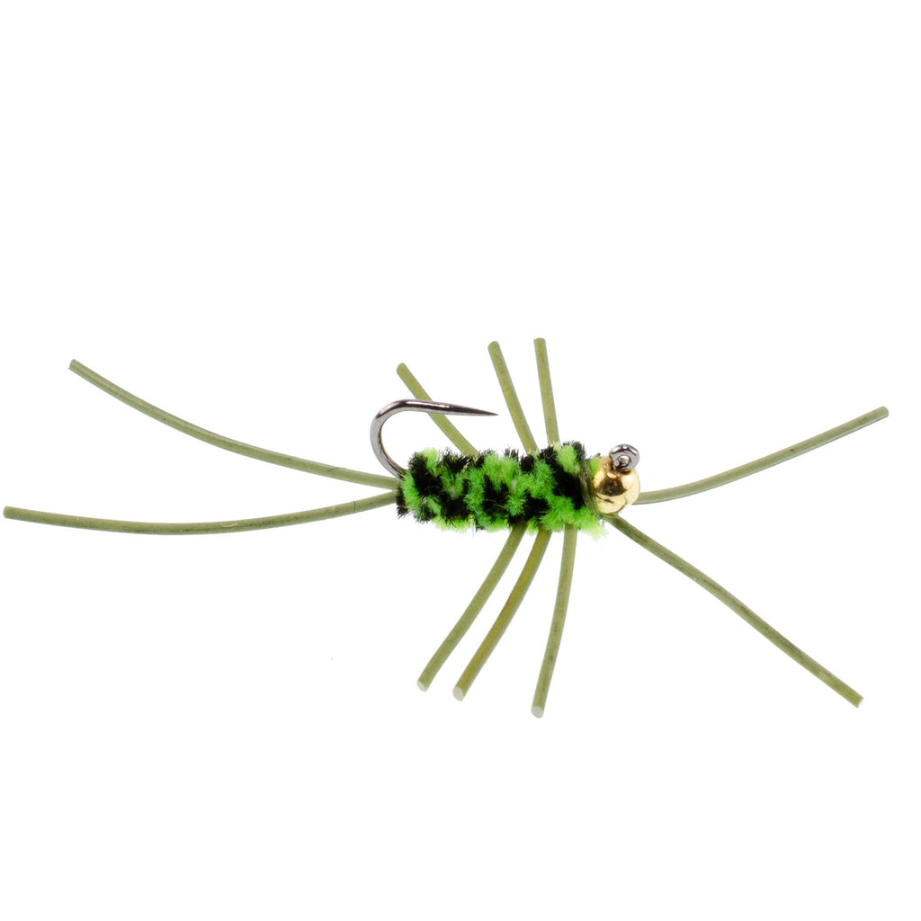 Barbless Pat's Rubber Legs Tungsten Bead Jigged Black/Chartreuse Euro Nymph  - Set of 12 Flies Hook Size 10