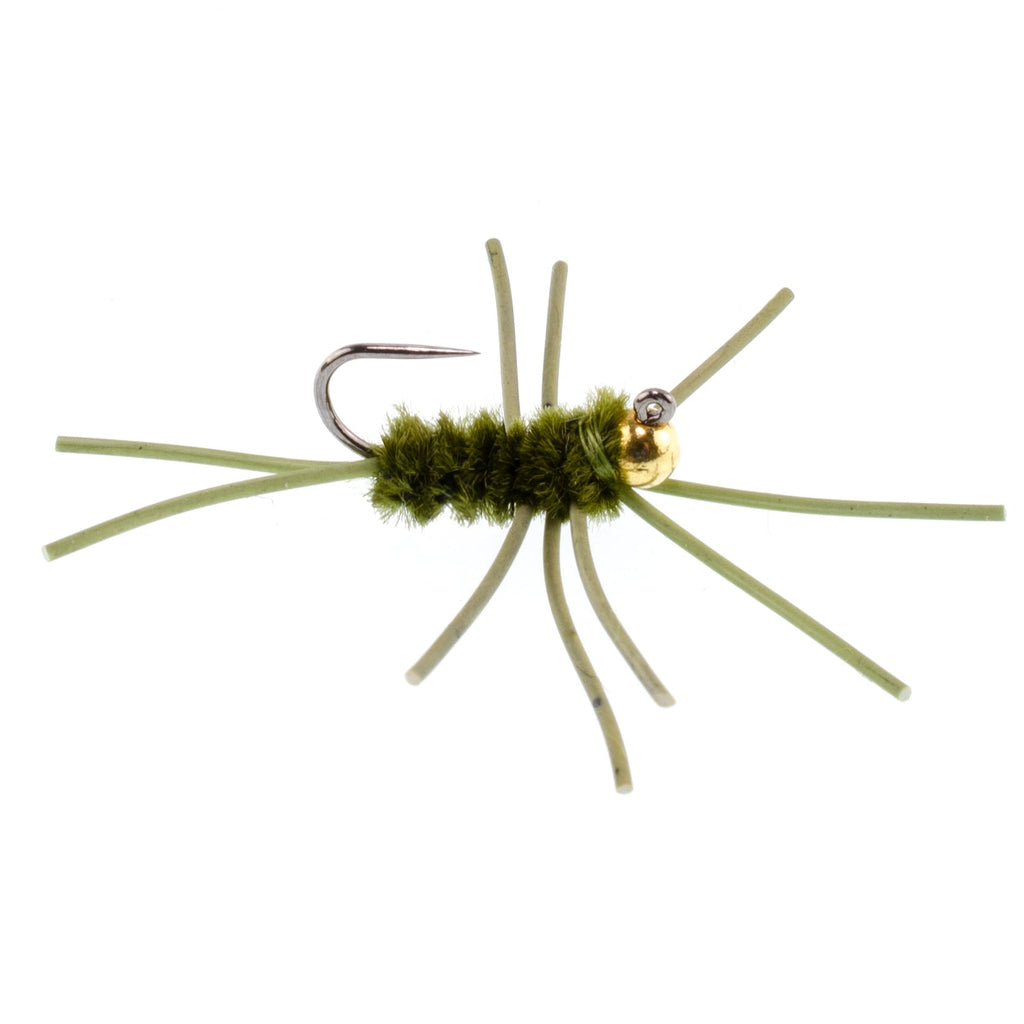 Barbless Pat's Rubber Legs Tungsten Bead Jigged Dark Olive Euro Nymph  - Set of 6 Flies Hook Size 10