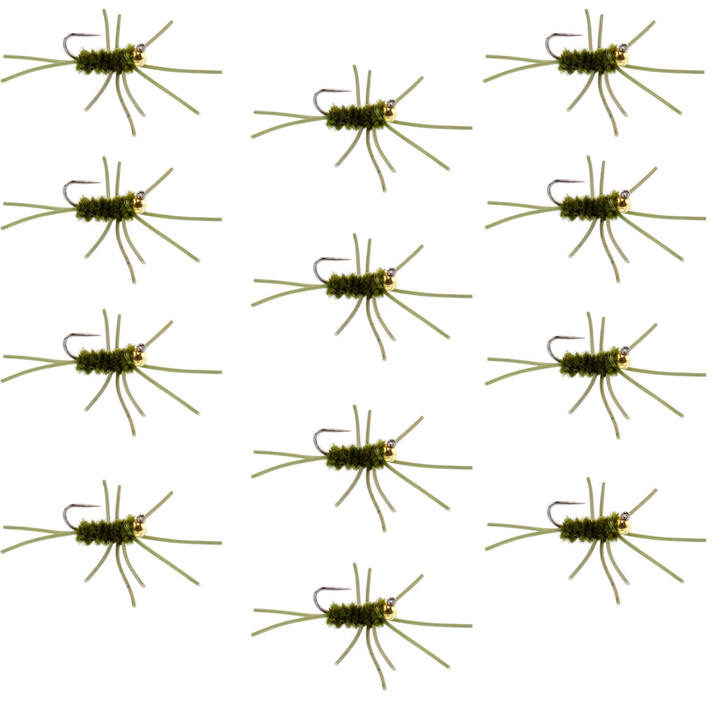 Barbless Pat's Rubber Legs Tungsten Bead Jigged Dark Olive Euro Nymph  - Set of 12 Flies Hook Size 10