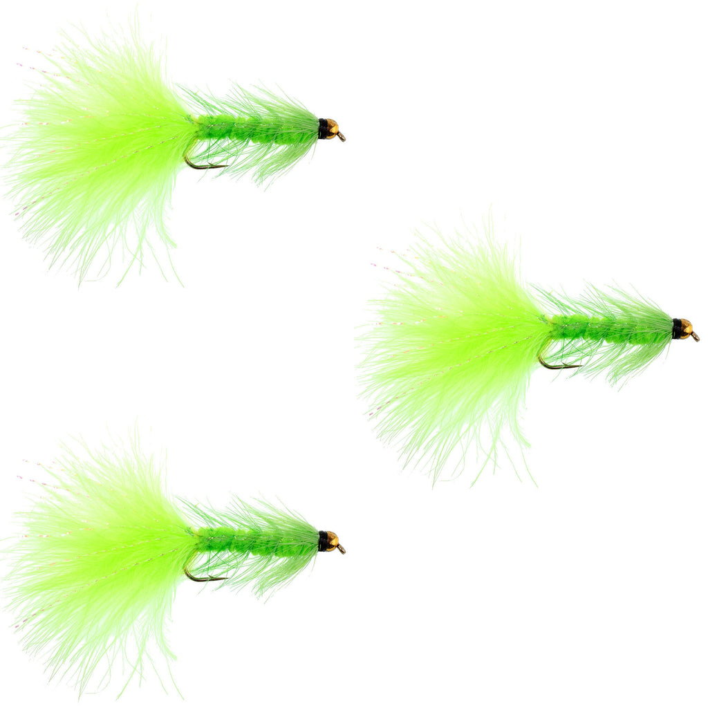 3 Pack Chartreuse Bead Head Crystal Woolly Bugger Classic Streamer Fly -  Hook Size 8