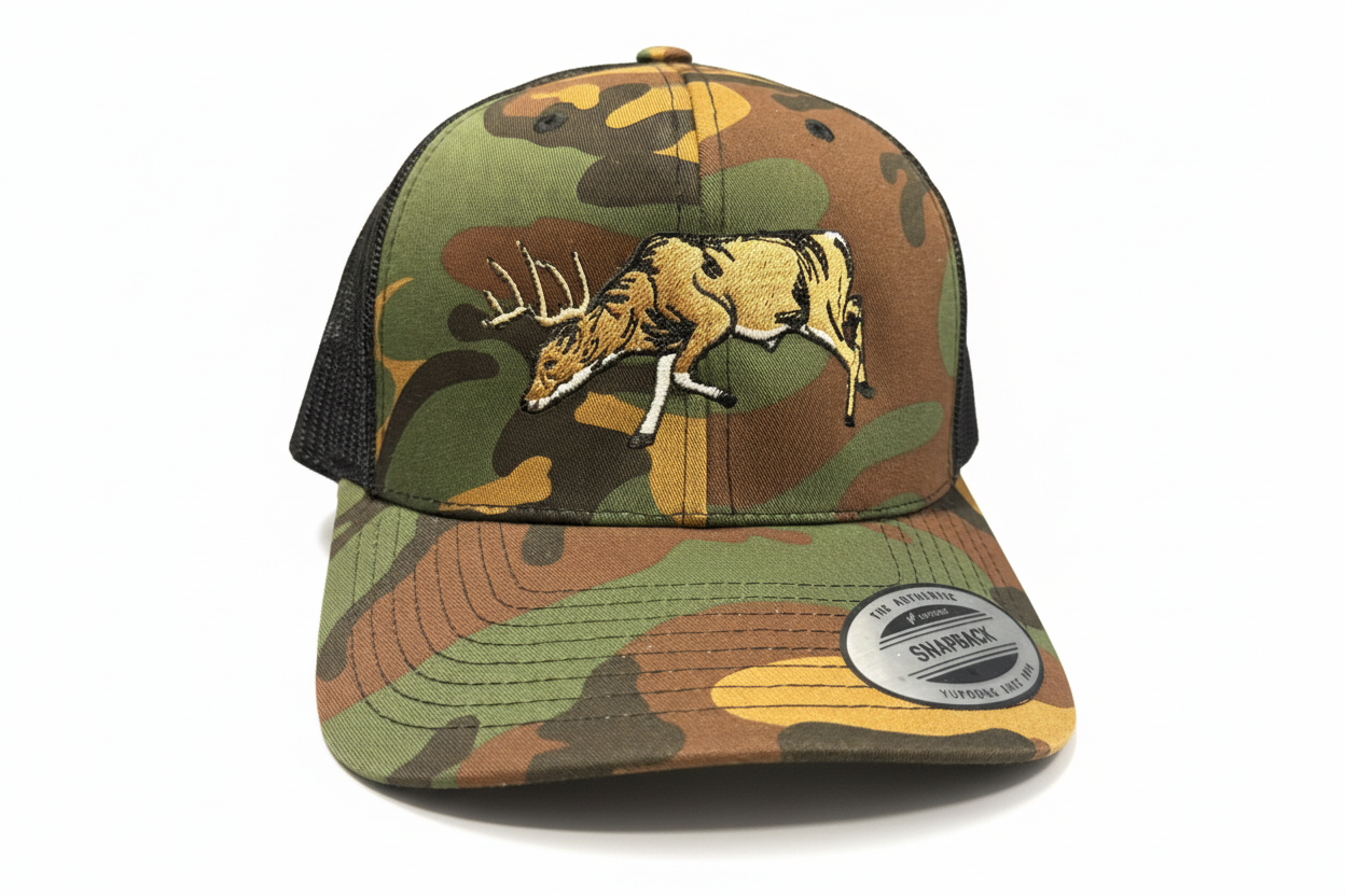 Camouflage cap with deer design on a red and black background