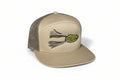 Beige cap with a fishing lure design on a black background