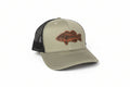 Trucker hat with a fish emblem on a dark background