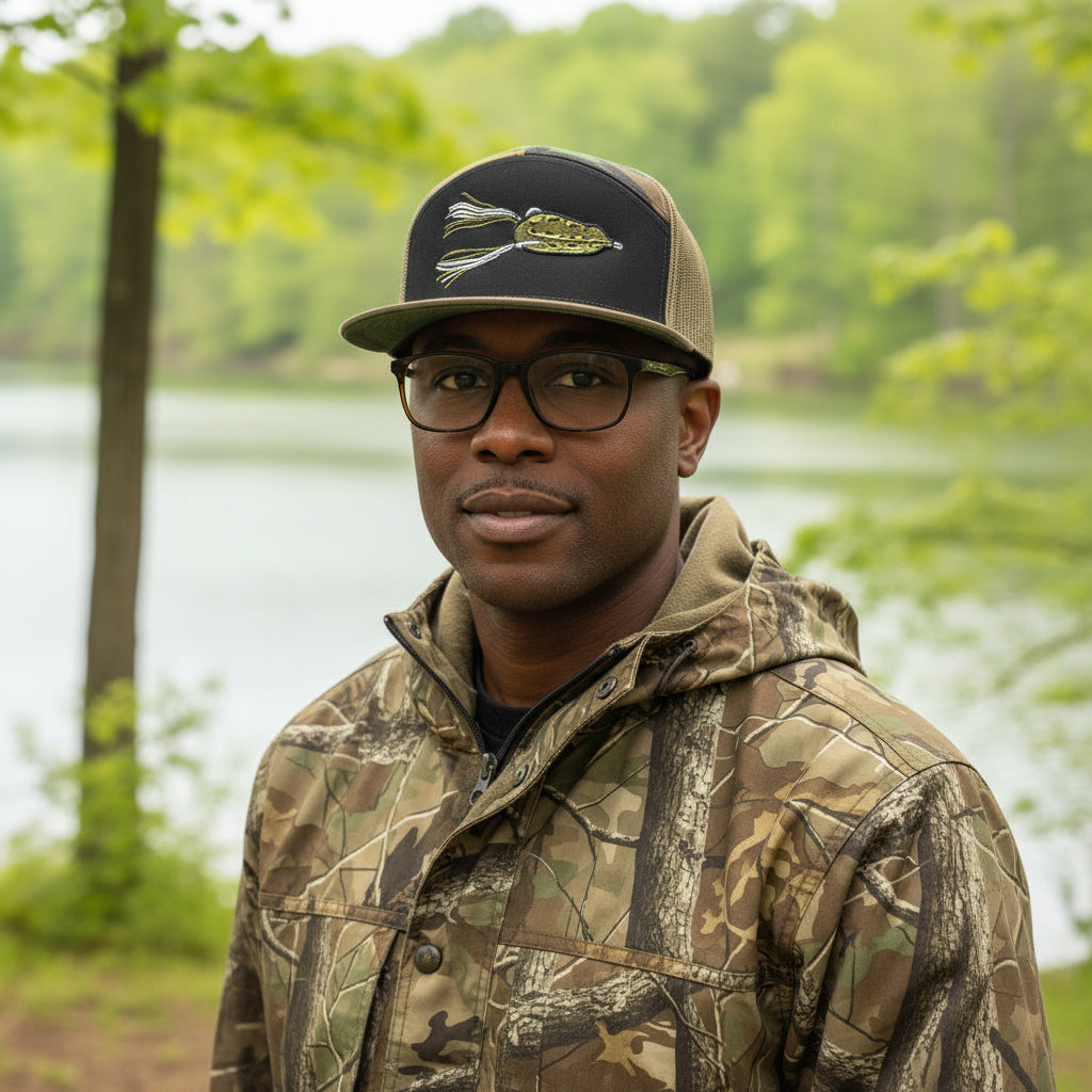 Topwater Frog Lure Bass Fising Camo 7 Panel Hat
