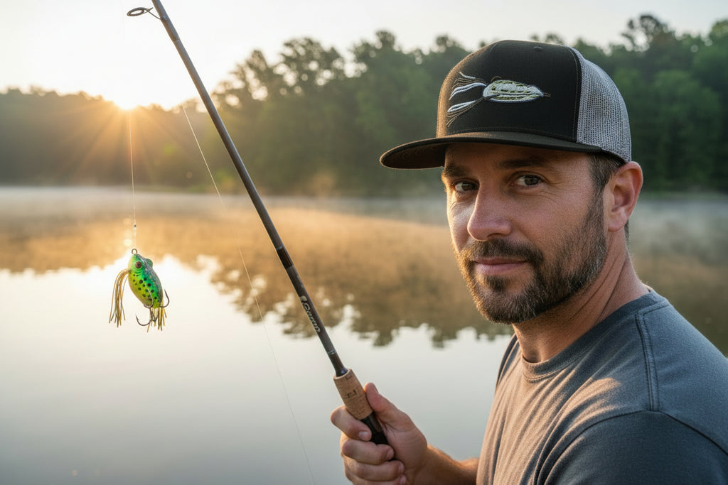 Trucker hat with fishing lure design and brand logo on a white background