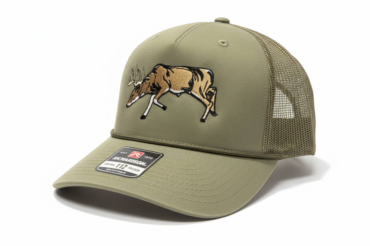 Green trucker cap with deer emblem and Richardson logo on a red and black background