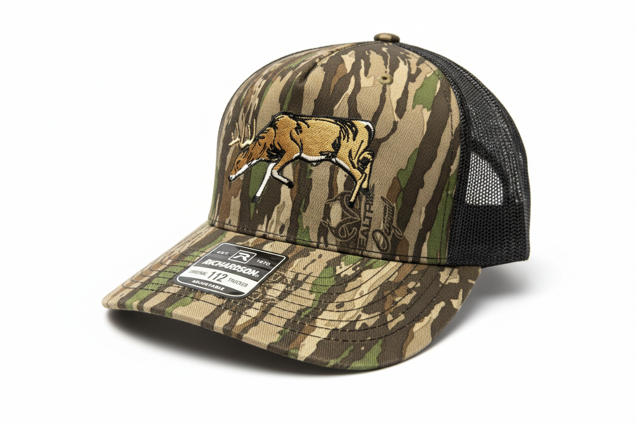 Camouflage cap with deer design and Richardson logo on a red and black background